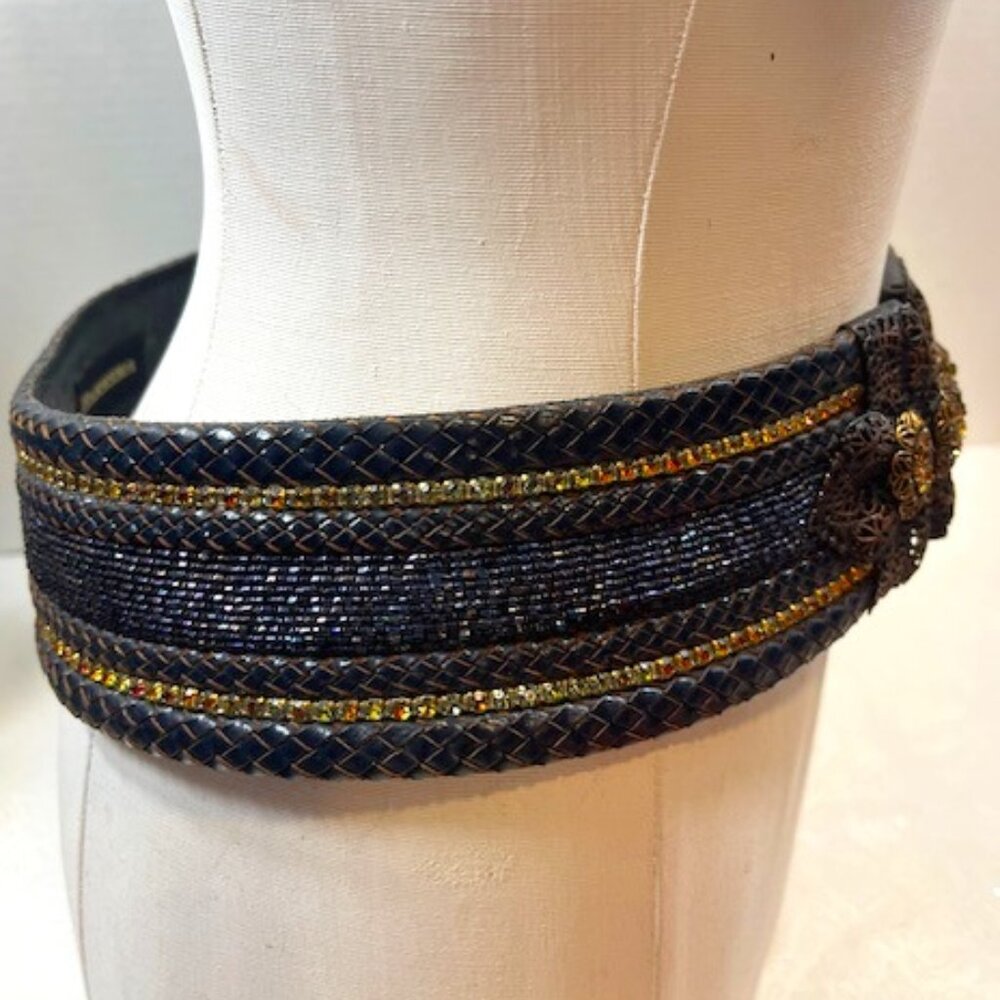 Barrera Beaded Rhinestones Wide Braided Leather BOHO Waist Belt Navy 30" - Picture 3 of 15